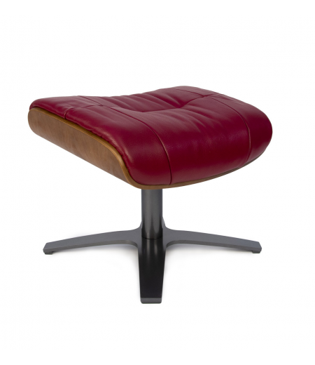 Pouf in Leather and Natural Oak - Véga - Red