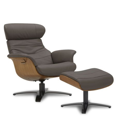 Fauteuil et Pouf relax manuel - Cuir et Chêne Naturel - VEGA