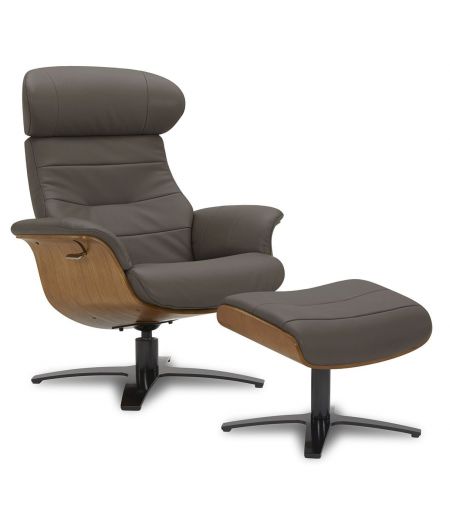 Fauteuil et Pouf relax manuel - Cuir et Chêne Naturel - VEGA