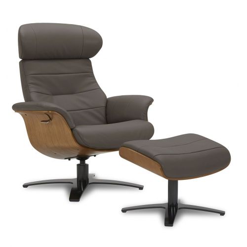 Fauteuil et Pouf relax manuel - Cuir et Chêne Naturel - VEGA