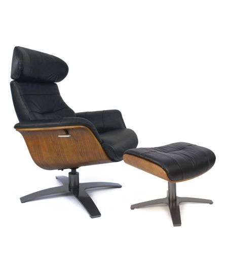 Manual Relax Armchair and Pouf - Leather and Natural Oak - VEGA - Black