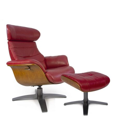 Manual Relax Armchair and Pouf - Leather and Natural Oak - VEGA - Red