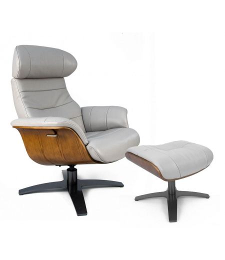 Fauteuil et Pouf relax manuel - Cuir et Chêne Naturel - VEGA