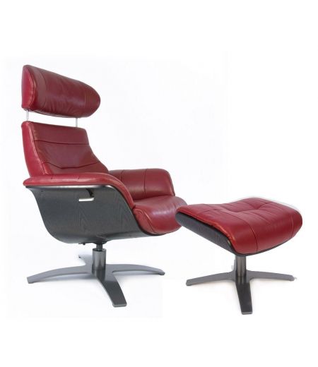 Armchair and Pouf manual relax - Leather and Black Oak - VEGA - Red