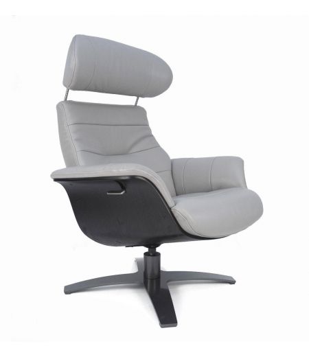 Fauteuil et Pouf relax manuel - Cuir et Chêne Noir - VEGA