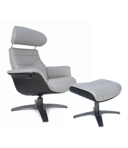 Fauteuil et Pouf relax manuel - Cuir et Chêne Noir - VEGA