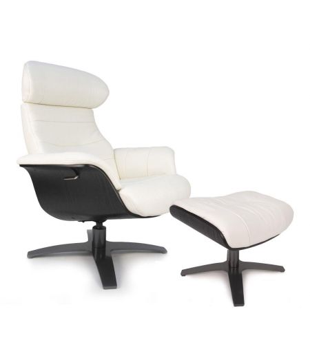 Armchair and Pouf manual relax - Leather and Black Oak - VEGA - White