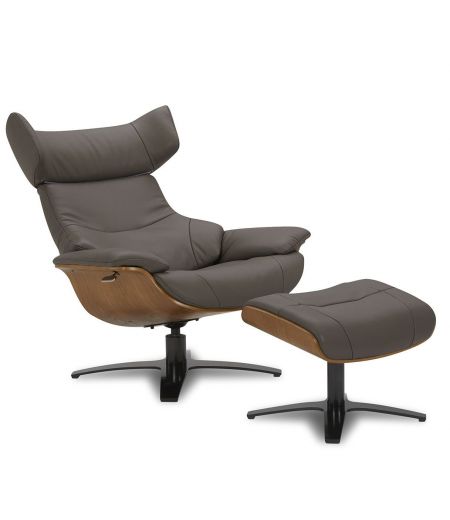 Ensemble fauteuil + pouf cuir et chêne naturel - Naos