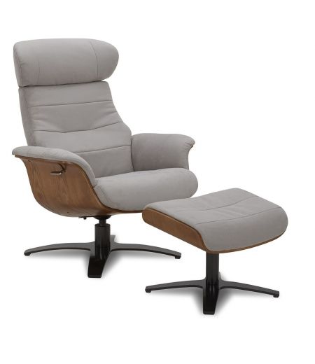 Manual Relax Armchair and Pouf - Fabric or Velvet and Natural Oak - VEGA - Grey