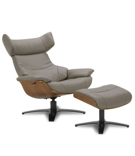 Ensemble fauteuil + pouf cuir et chêne naturel - Naos