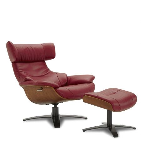 Ensemble fauteuil + pouf cuir et chêne naturel - Naos