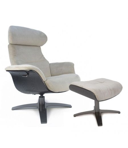 Fauteuil et Pouf relax manuel - Velours et Chêne Noir - VEGA