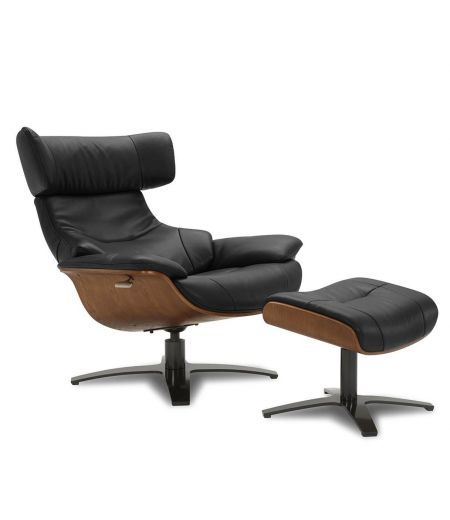 Ensemble fauteuil + pouf cuir et chêne naturel - Naos