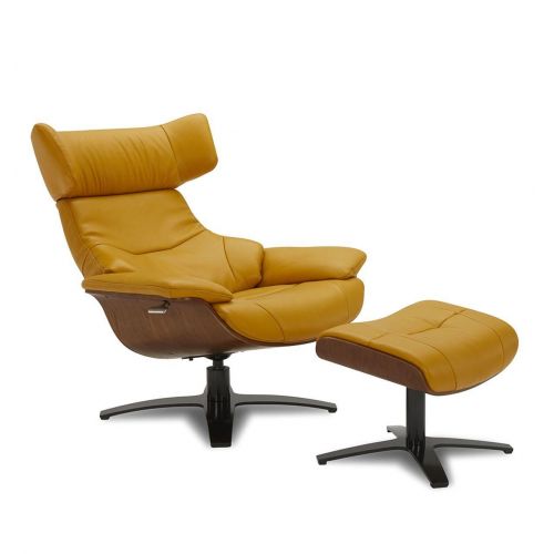 Ensemble fauteuil + pouf cuir et chêne naturel - Naos