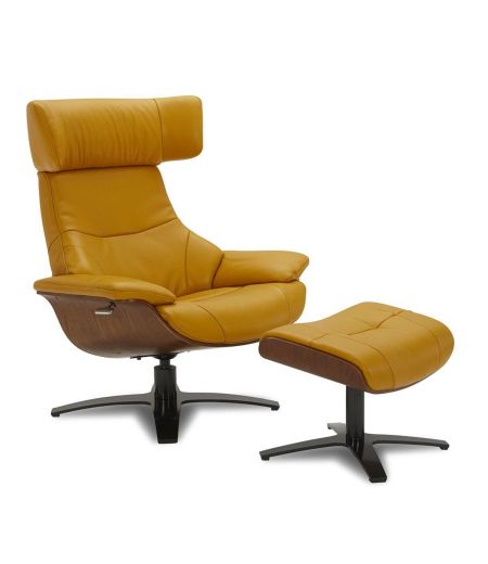 Ensemble fauteuil + pouf cuir et chêne naturel - Naos