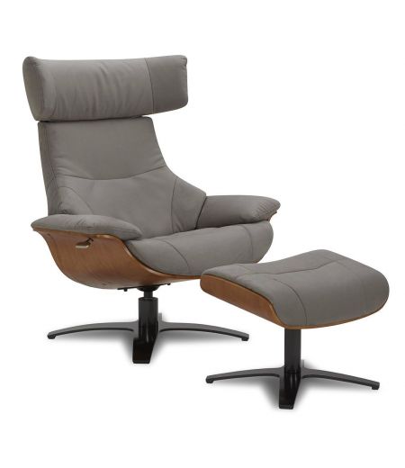 Microfiber and Natural Oak Armchair + Pouf Set - Naos - Anthracite