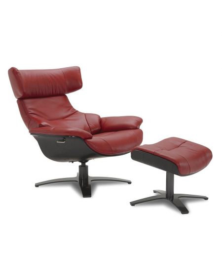 Ensemble fauteuil + pouf cuir et chêne noir - Naos