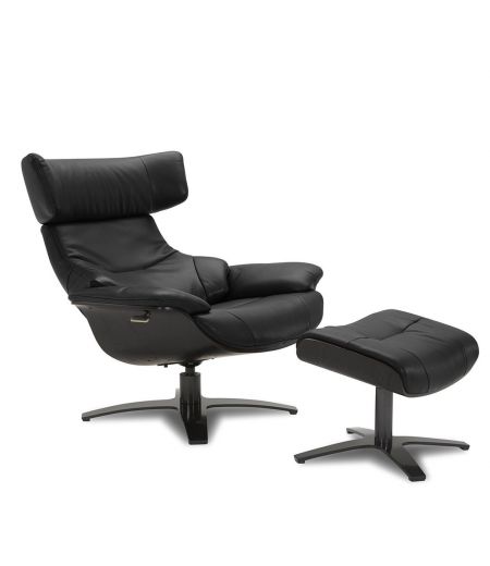 Ensemble fauteuil + pouf cuir et chêne noir - Naos