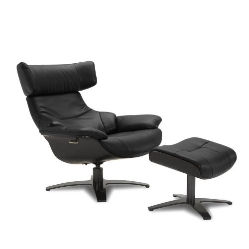 Ensemble fauteuil + pouf cuir et chêne noir - Naos