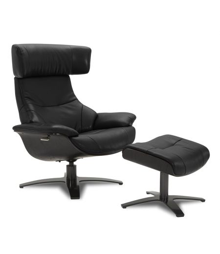 Ensemble fauteuil + pouf cuir et chêne noir - Naos