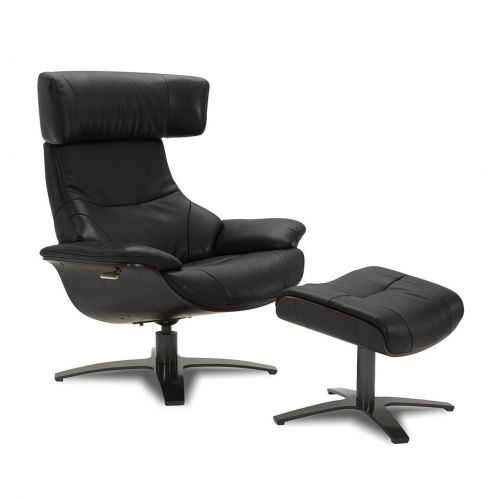 Ensemble fauteuil + pouf cuir et chêne noir - Naos