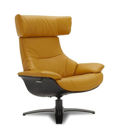 Ensemble fauteuil + pouf cuir et chêne noir - Naos