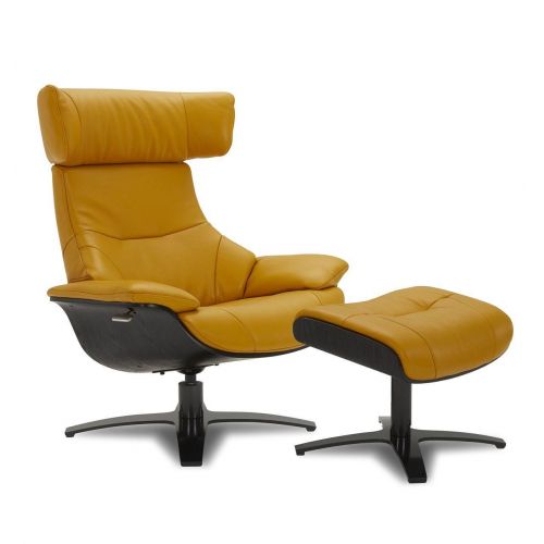 Ensemble fauteuil + pouf cuir et chêne noir - Naos