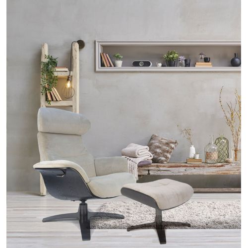 Fauteuil et Pouf relax manuel - Velours et Chêne Noir - VEGA