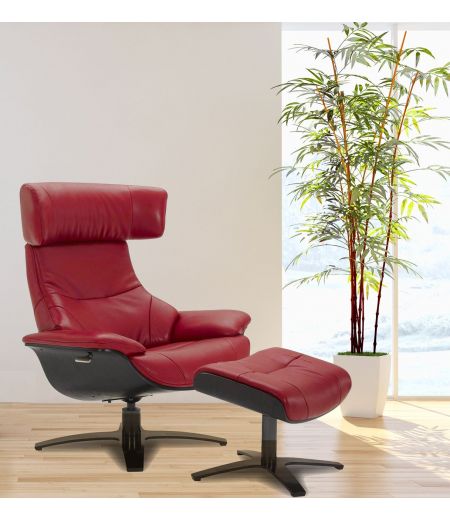 Ensemble fauteuil + pouf cuir et chêne noir - Naos