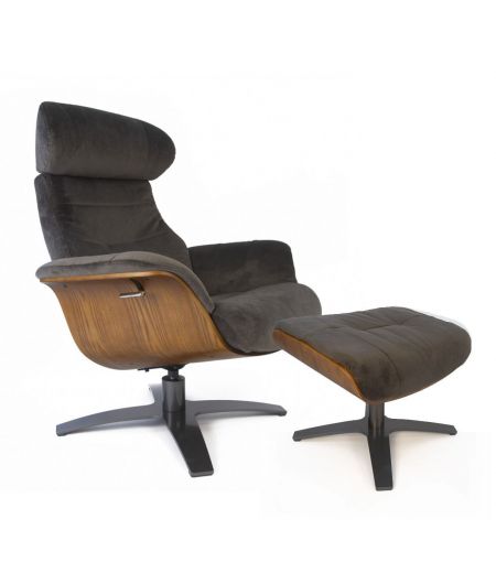 Fauteuil et Pouf relax manuel - Tissu ou Velours et Chêne Naturel - VEGA